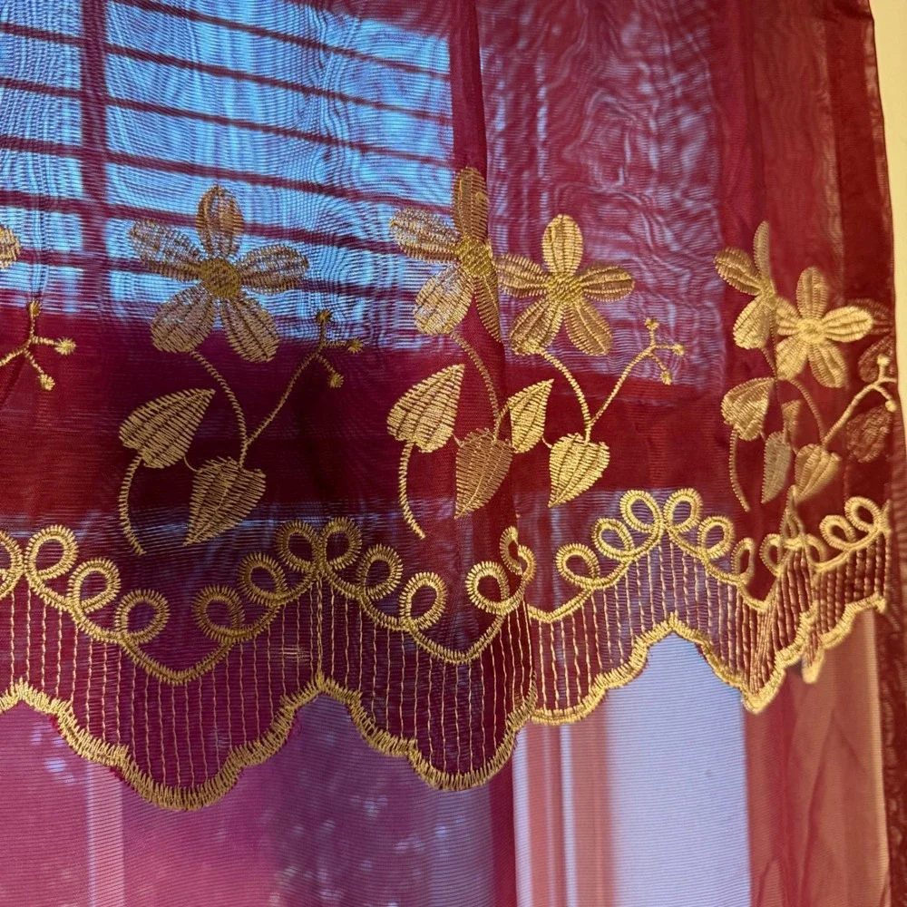 Vtg Burgundy Sheer Embroidered Curtains Set of 2 Lace Window Panels 66.5